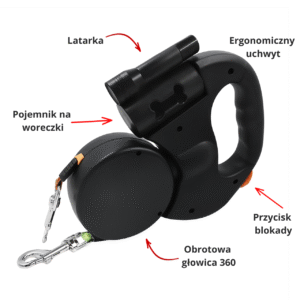 Wielofunkcyjna podwójna smycz z latarką i pojemnikiem na woreczki